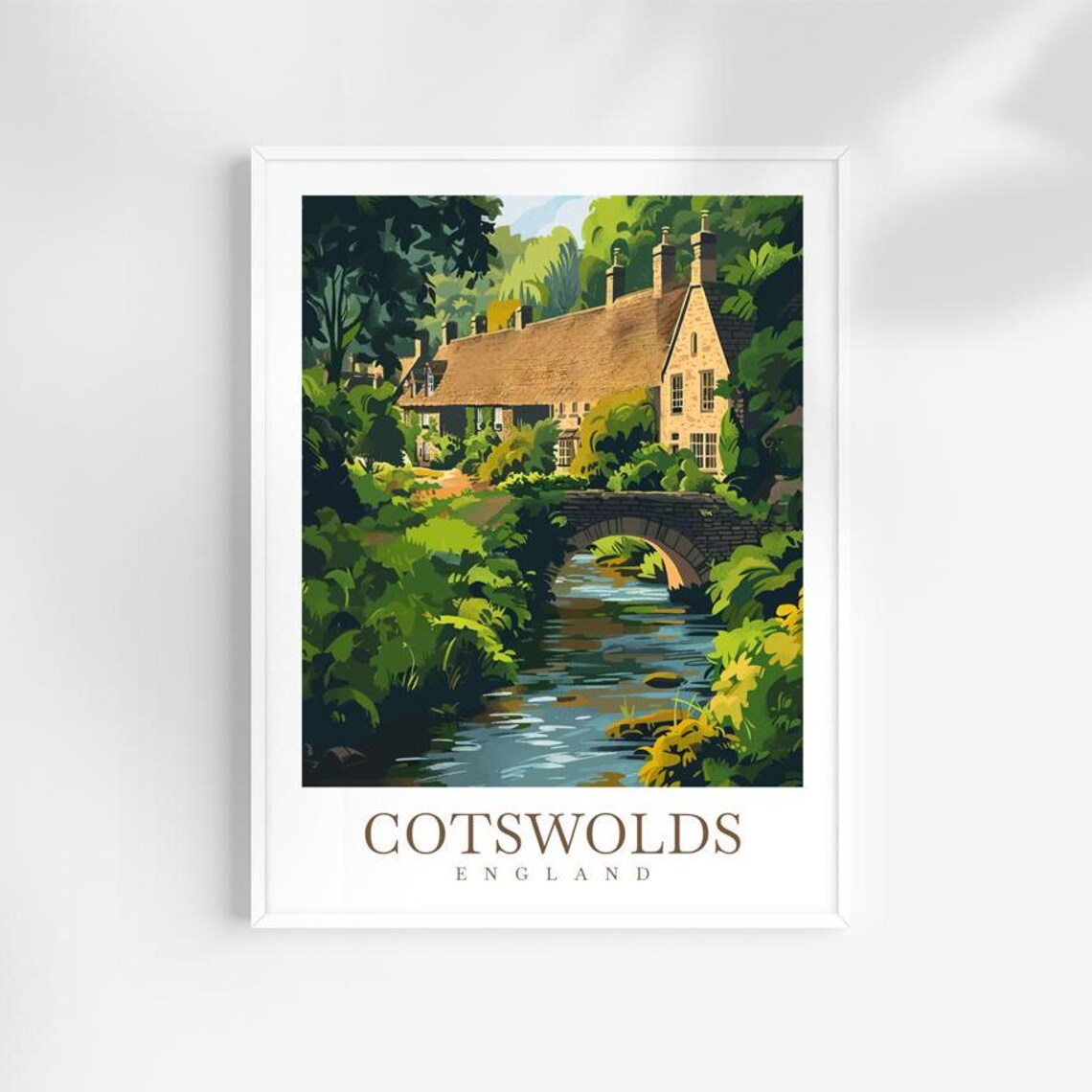Cotswolds England Stone Cottage Stream Bridge Travel Poster Art