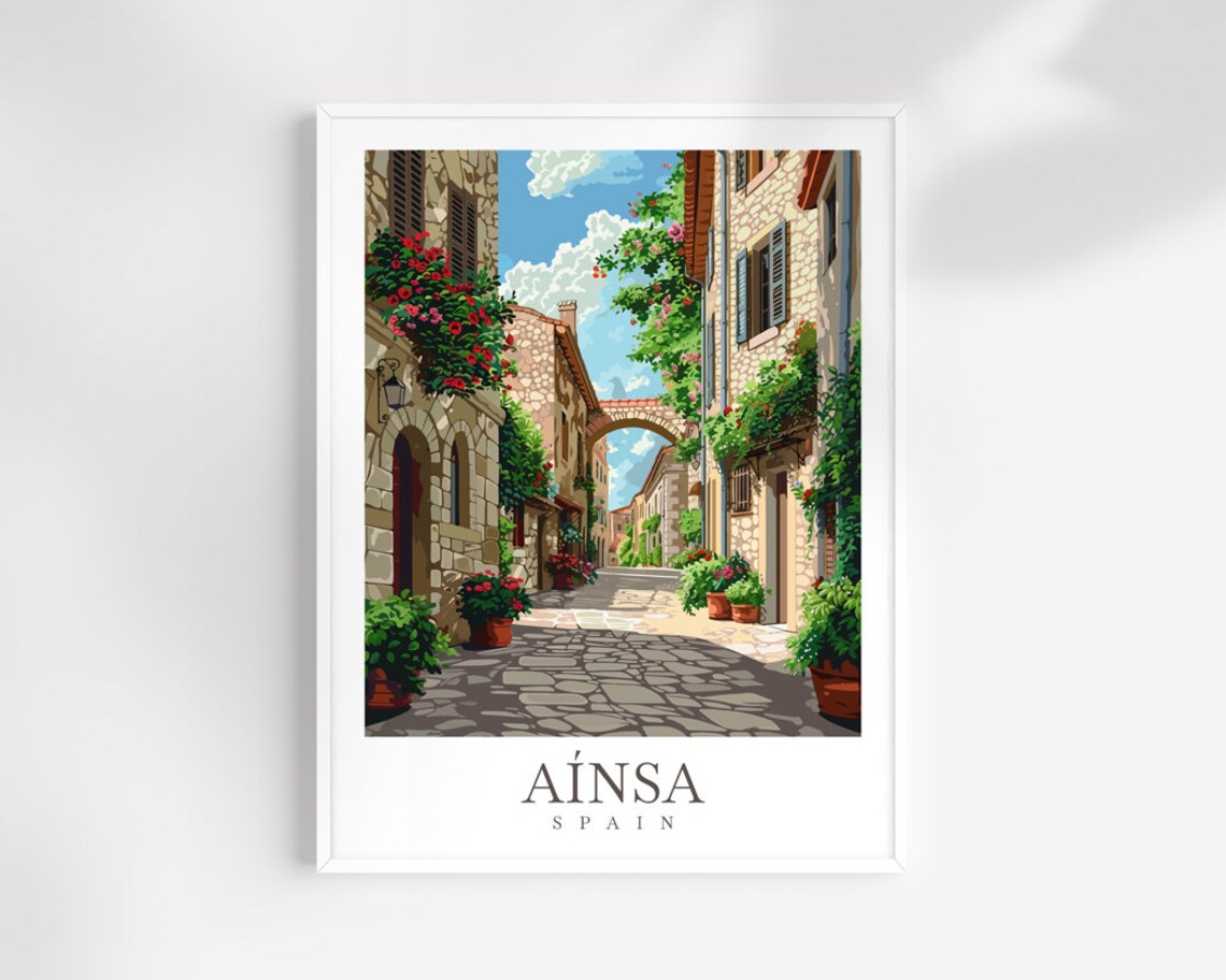 Ainsa Spain Medieval Stone Street With Flowers And Stone Arch Poster