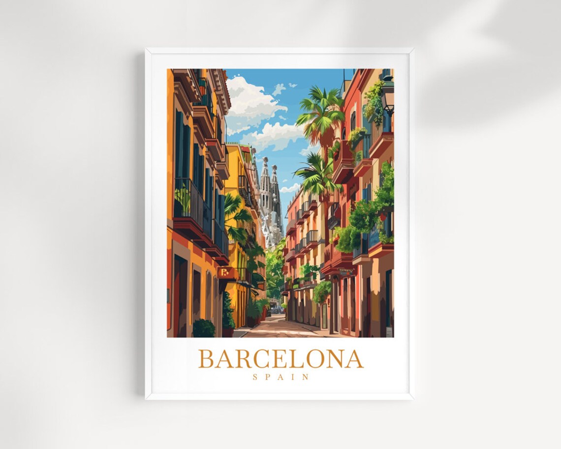 Barcelona Spain Street View Sagrada Familia Landmark Scene Poster