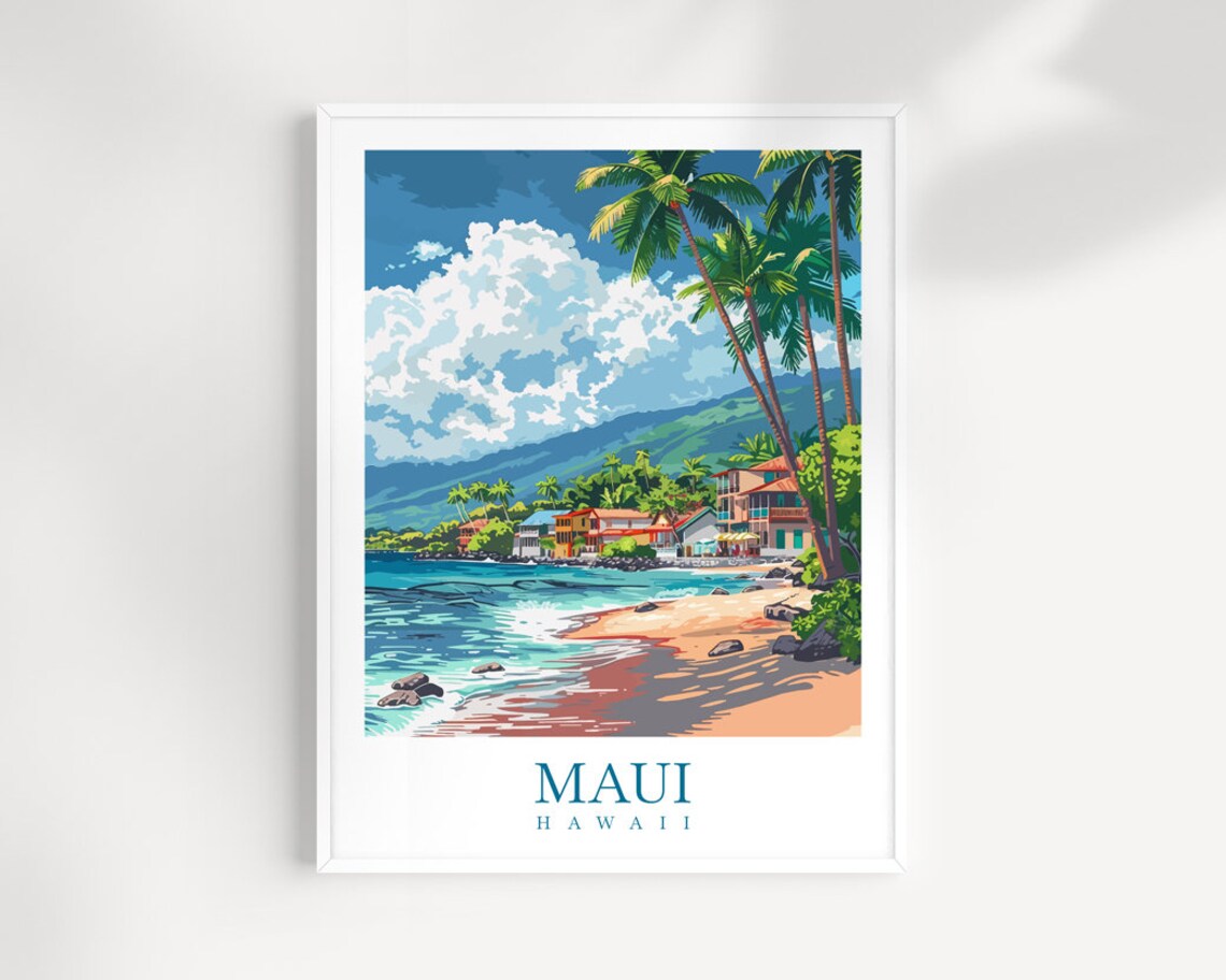 Maui Hawaii Sunny Beach Palm Trees Ocean Town Coast Travel Poster