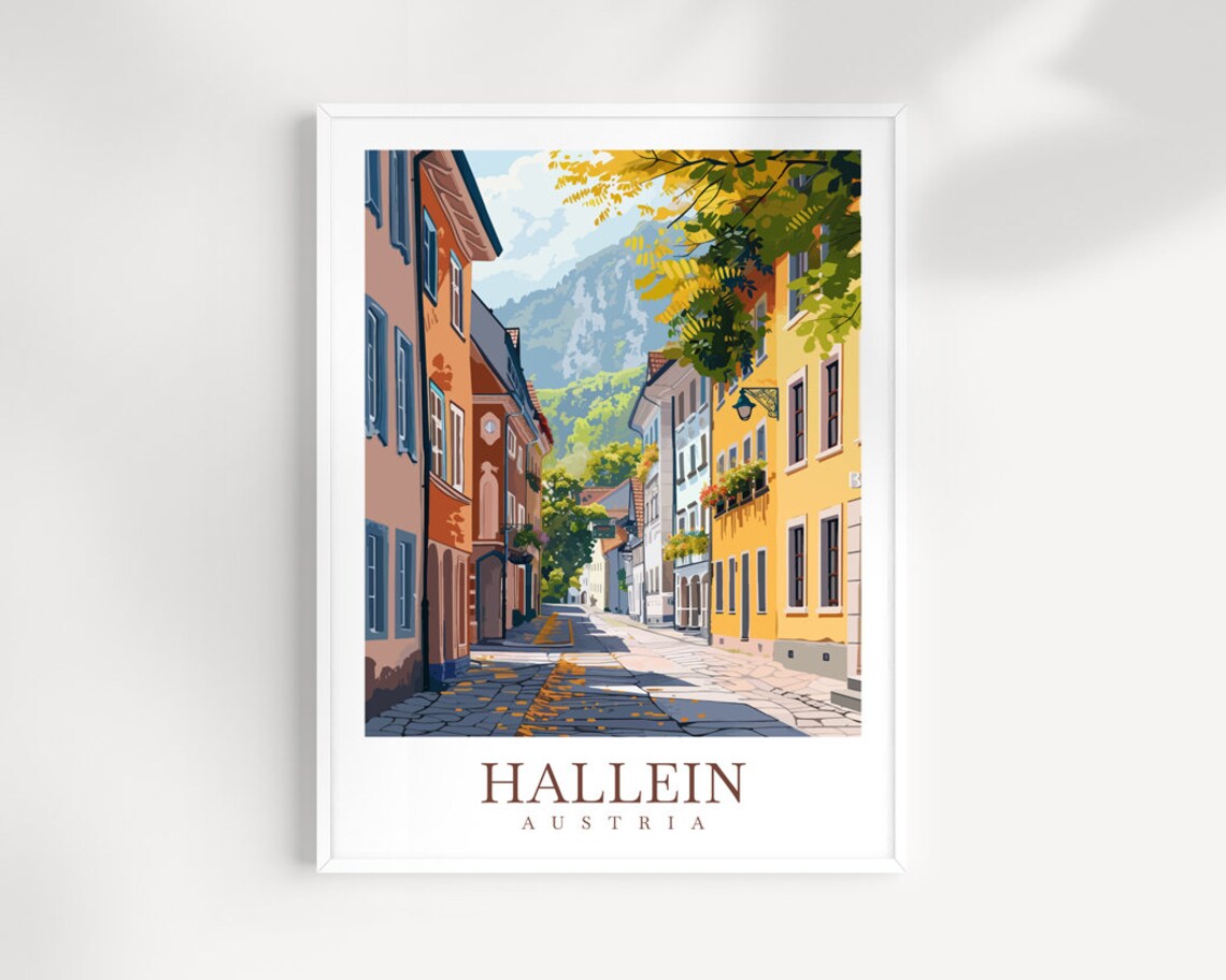 Hallein Austria Old Town Street Mountain View Historic Town Poster