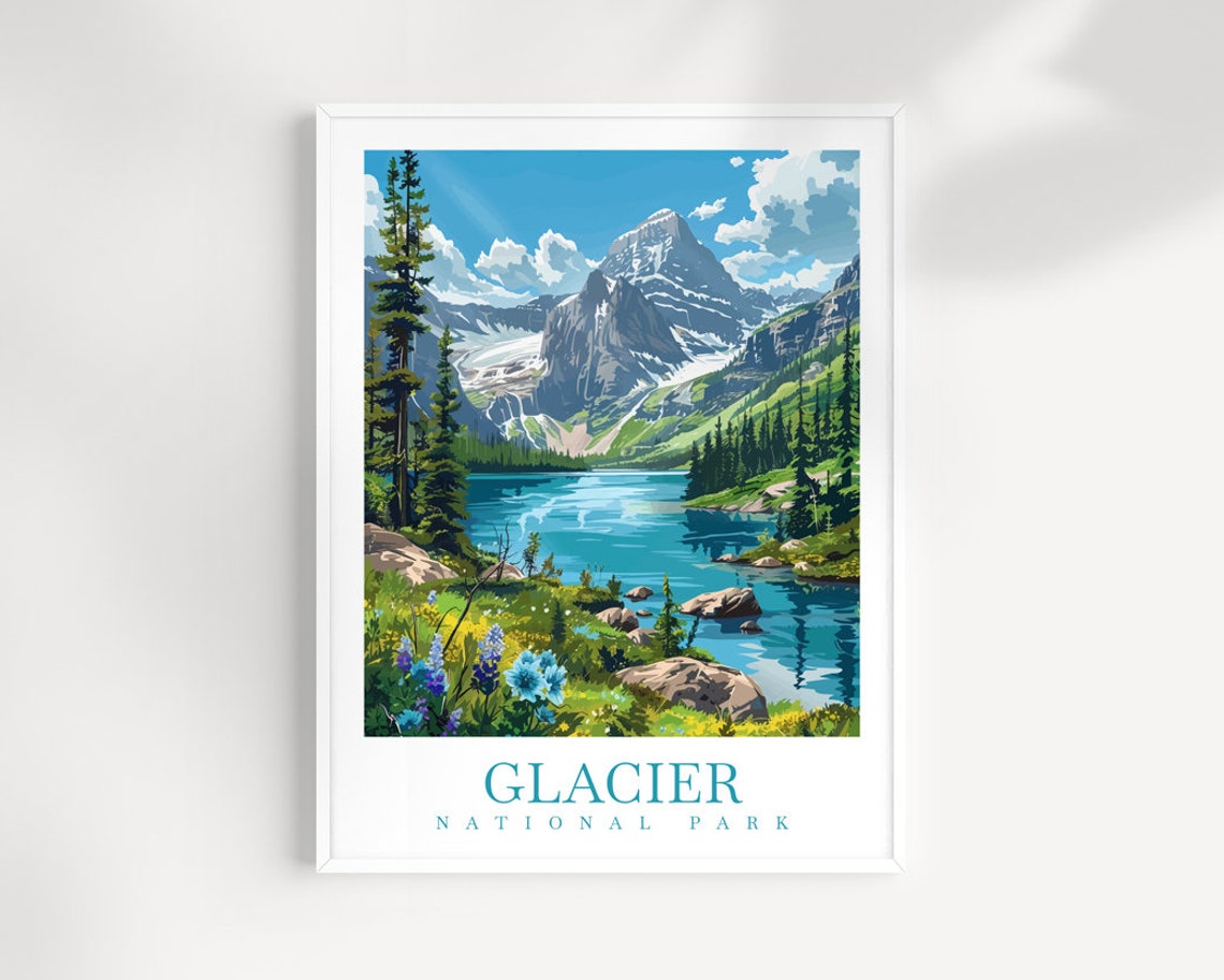 Glacier National Park Alpine Lake Wildflower Mountain Poster