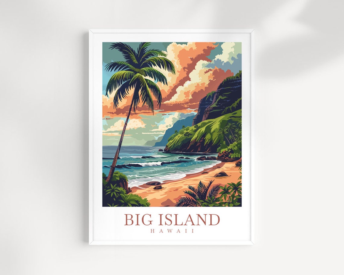 Big Island Hawaii Leaning Palm Sandy Beach Green Cliffs Travel Poster