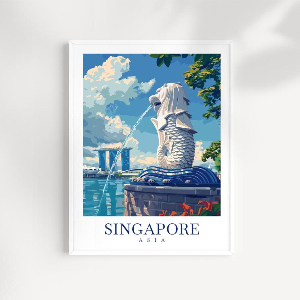 Singapore Asia Merlion Statue Marina Bay Sands Skyline Art Poster
