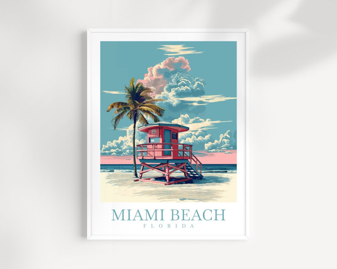 Miami Beach Florida Pink Lifeguard Tower Beach Scene Retro Poster