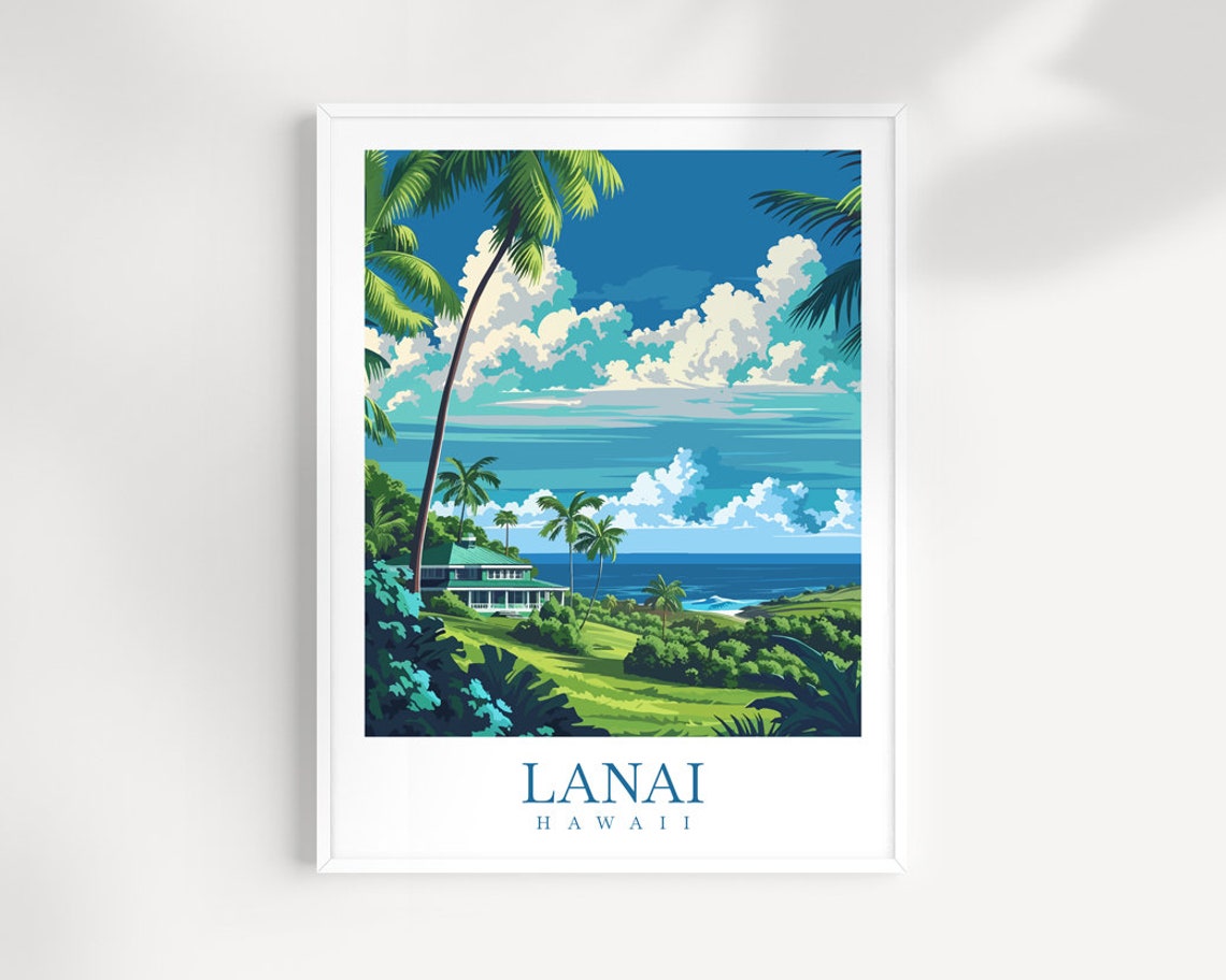 Lanai Hawaii Plantation House Ocean View Tropical Travel Poster