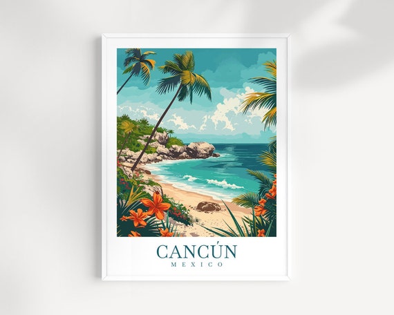 Cancun Mexico Tropical Rocky Cove Palm Beach Travel Poster Art