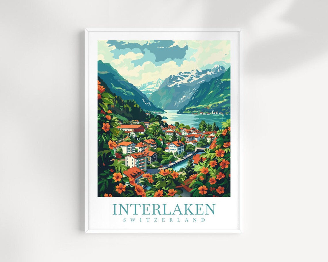 Interlaken Switzerland Alpine Lake Town and Snowy Peaks Art Print