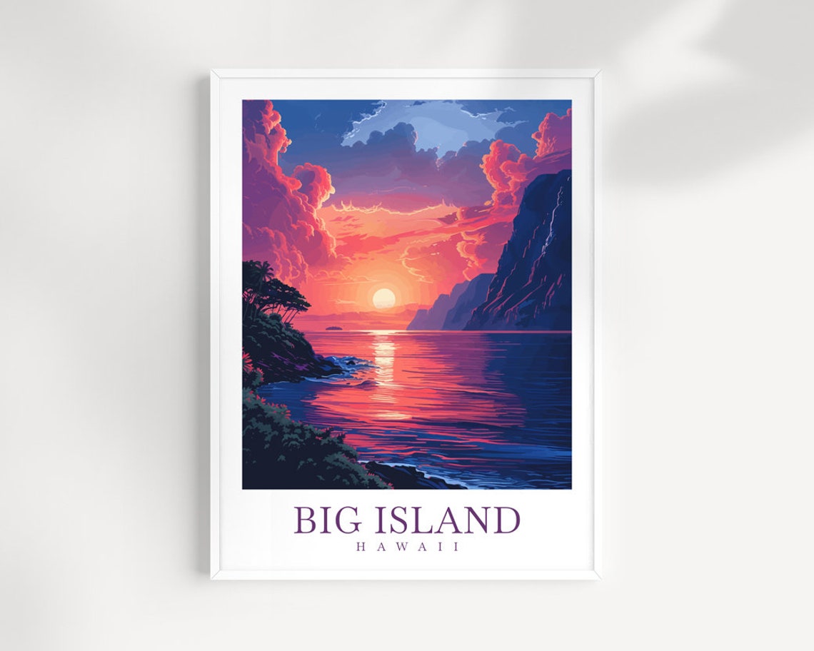 Big Island Hawaii Sunset Ocean Cliffs Palm Shore Travel Poster