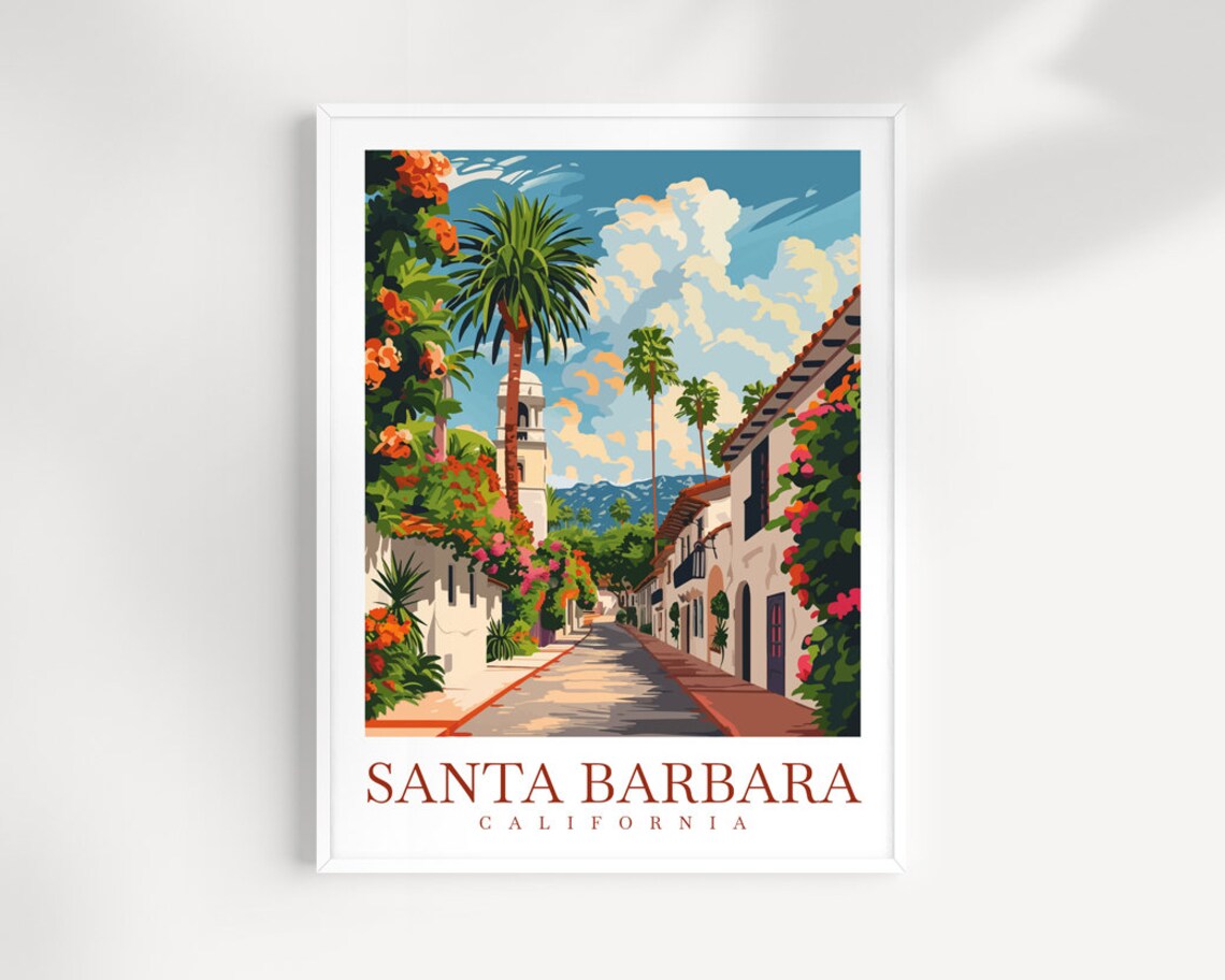 Santa Barbara California Spanish Colonial Street Flowers Travel Poster