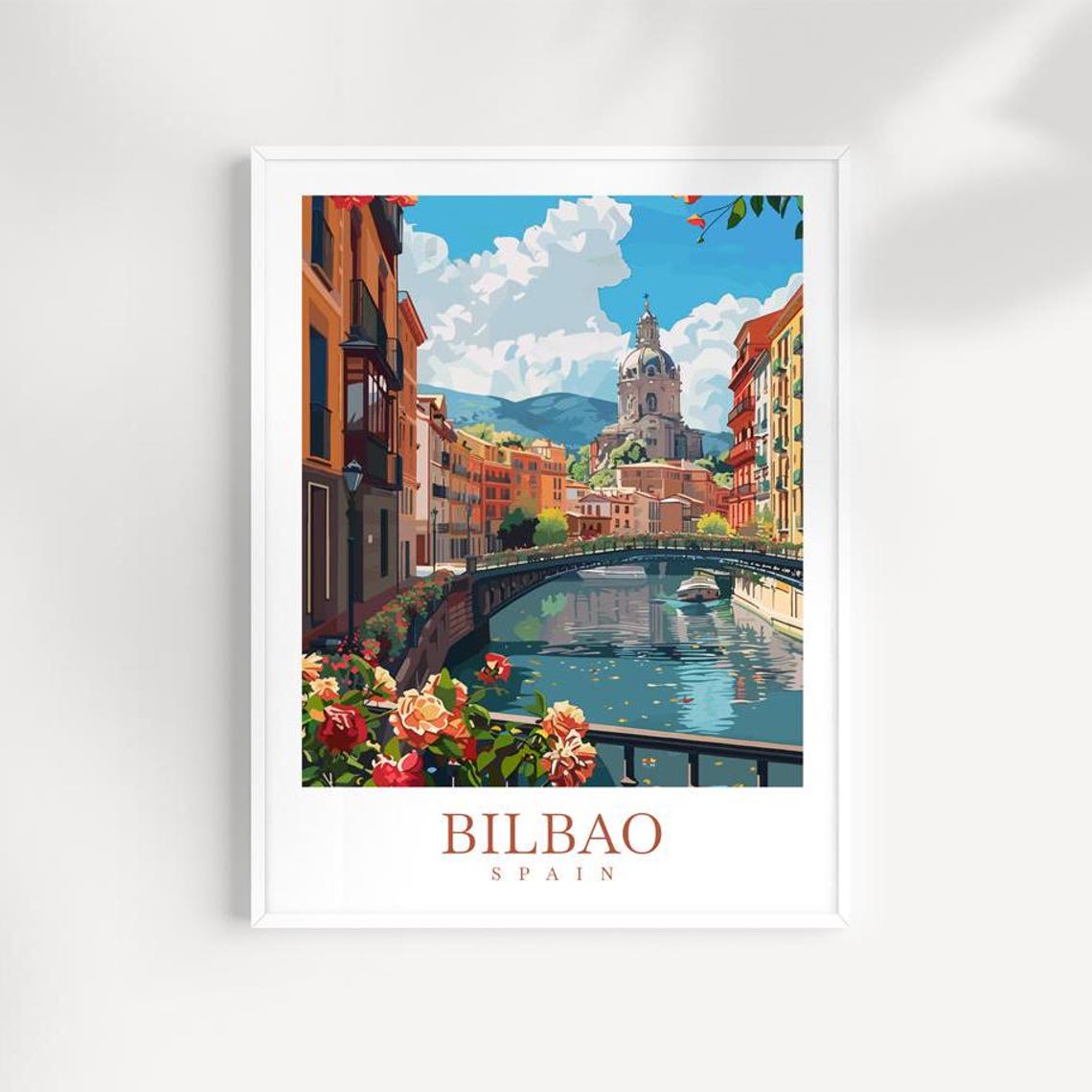 Bilbao Spain Scenic River Bridge Church Dome Roses Old Town Poster