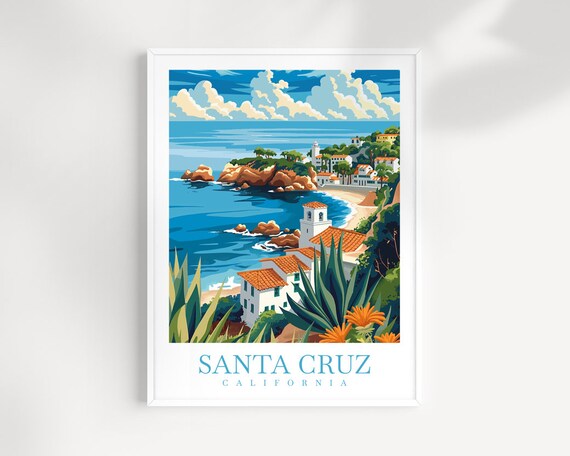 Santa Cruz California Sparkling Coastal Cove Bay Beach Travel Poster