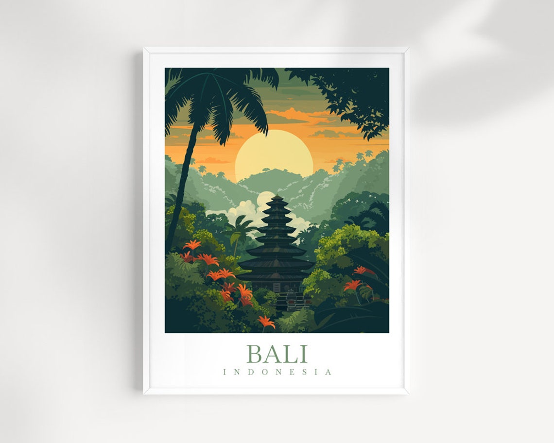 Bali Indonesia Temple Silhouette Sunset Palm Vintage Travel Poster