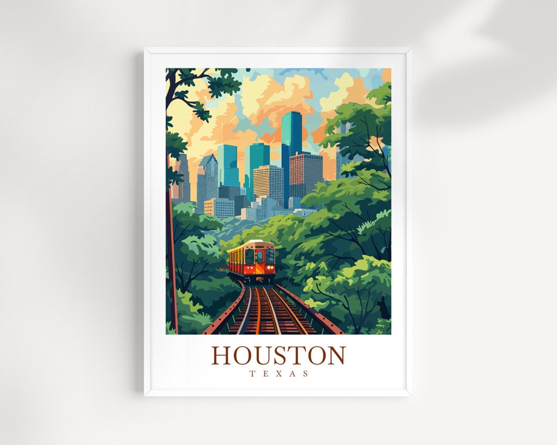 Houston Texas Vintage Train Skyline Through Green Trees Poster