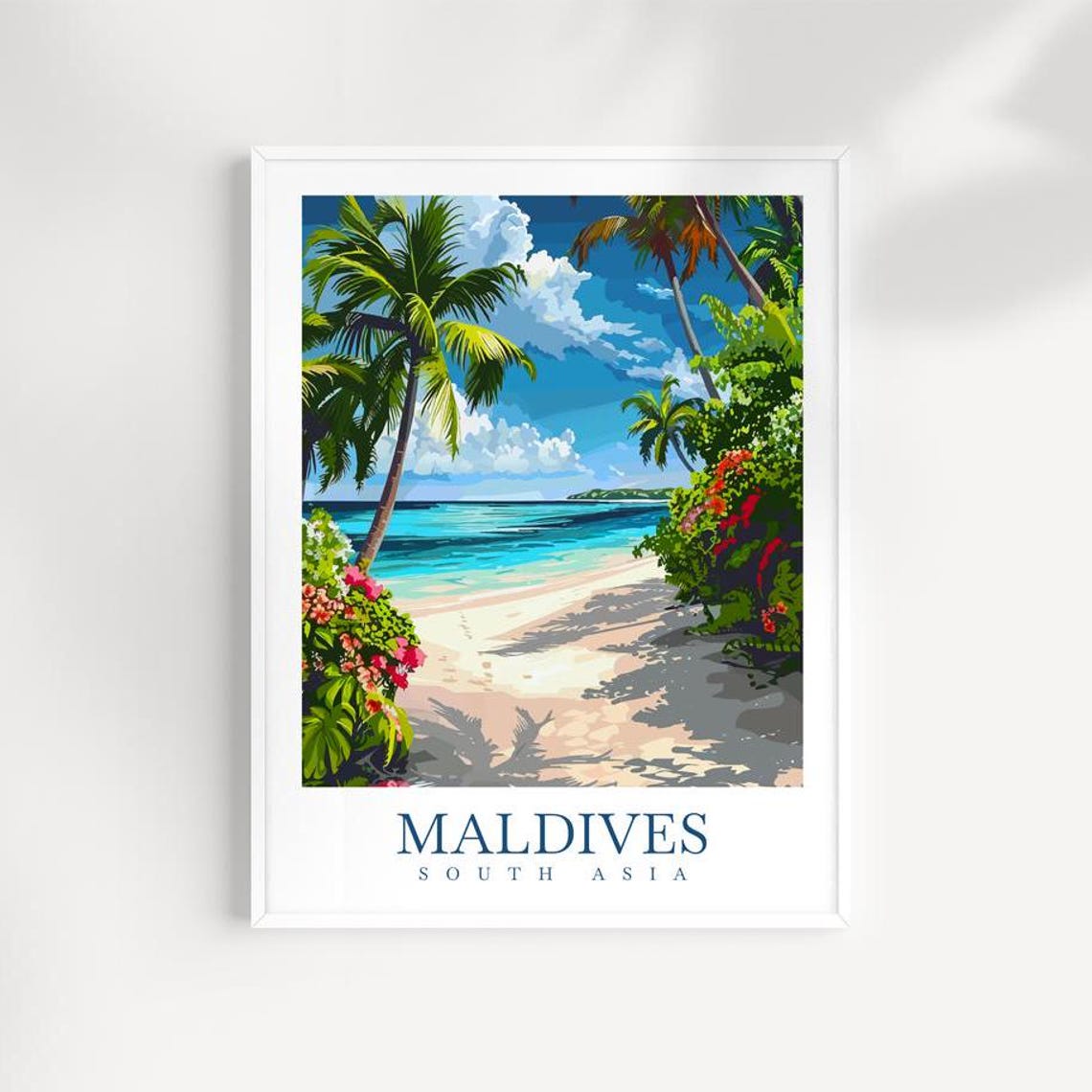 Maldives South Asia Beach Path Framed By Palms And Flowers Poster