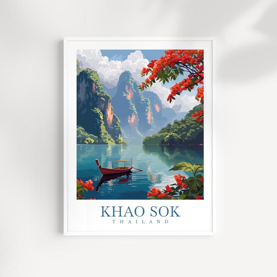 Khao Sok Thailand Longtail Boat On Lake With Red Flowers Poster