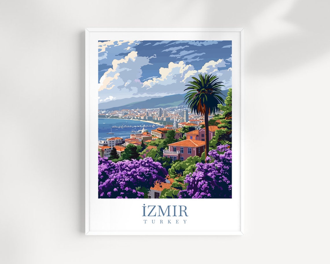 Izmir Turkey Hillside Town Purple Flowers Bay View Travel Poster