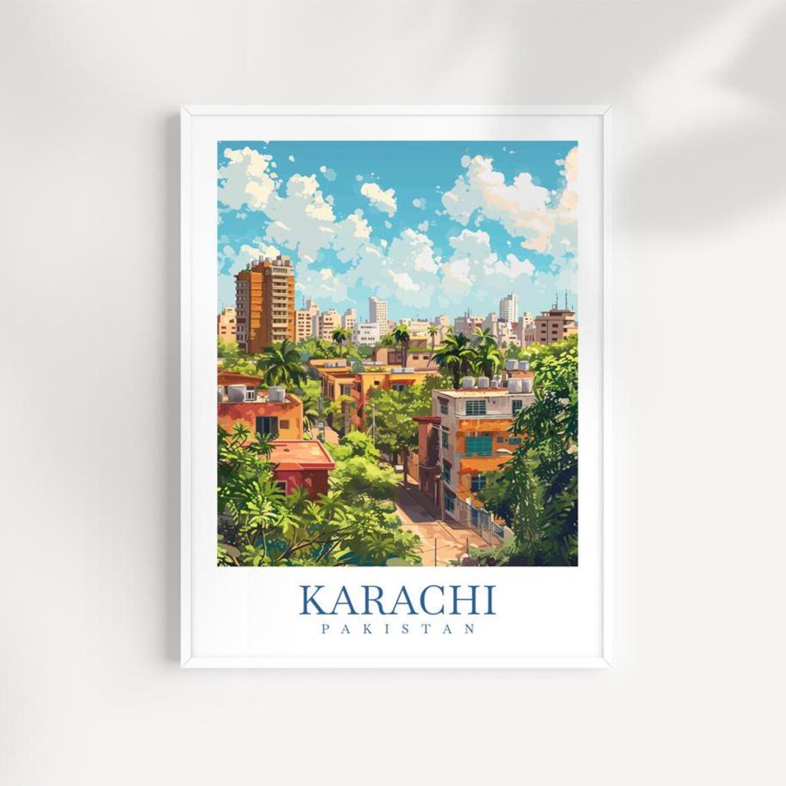 Karachi Pakistan Skyline Rooftops Blue Sky Vintage Travel Poster