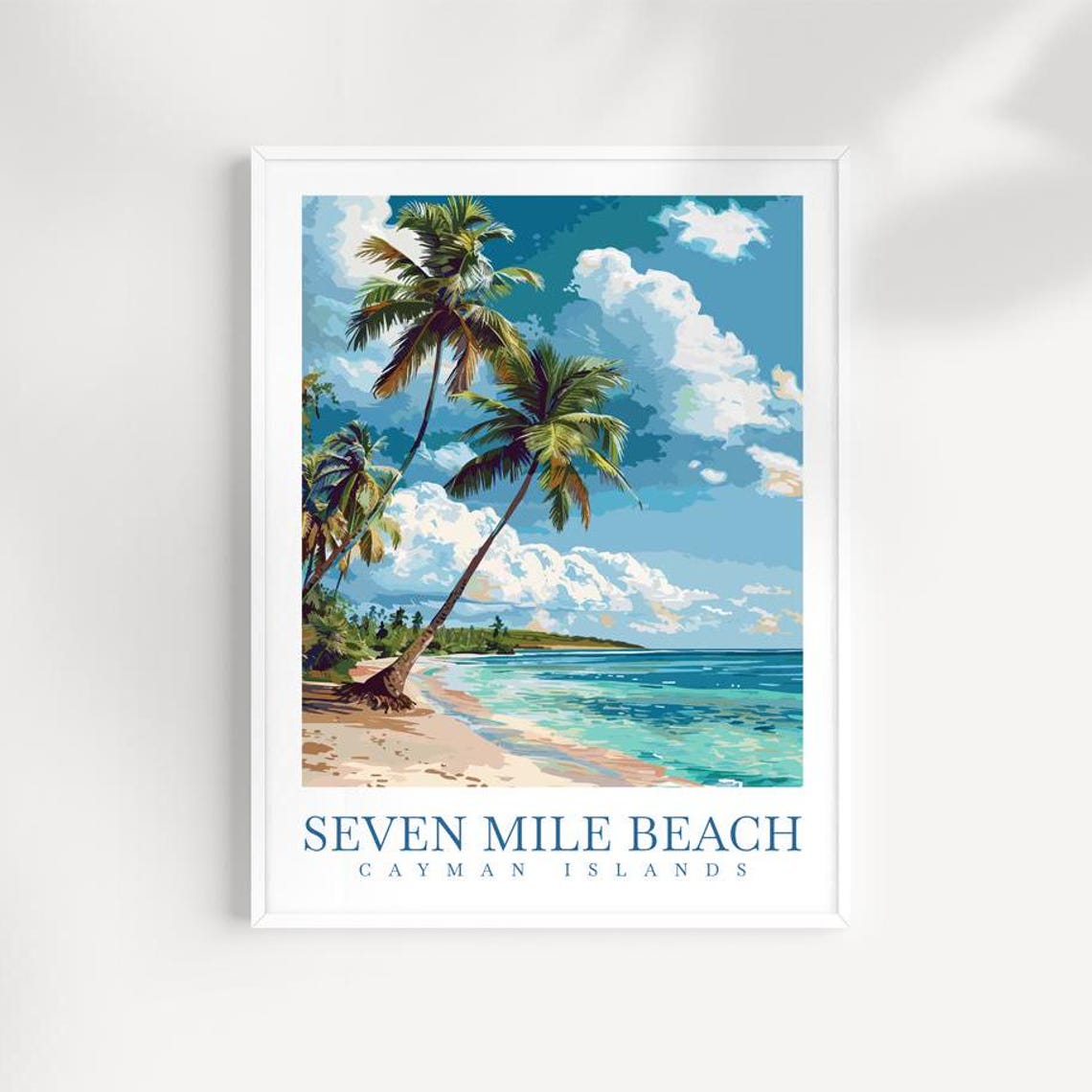 Seven Mile Beach Cayman Islands Palm Trees Turquoise Sea Travel Poster