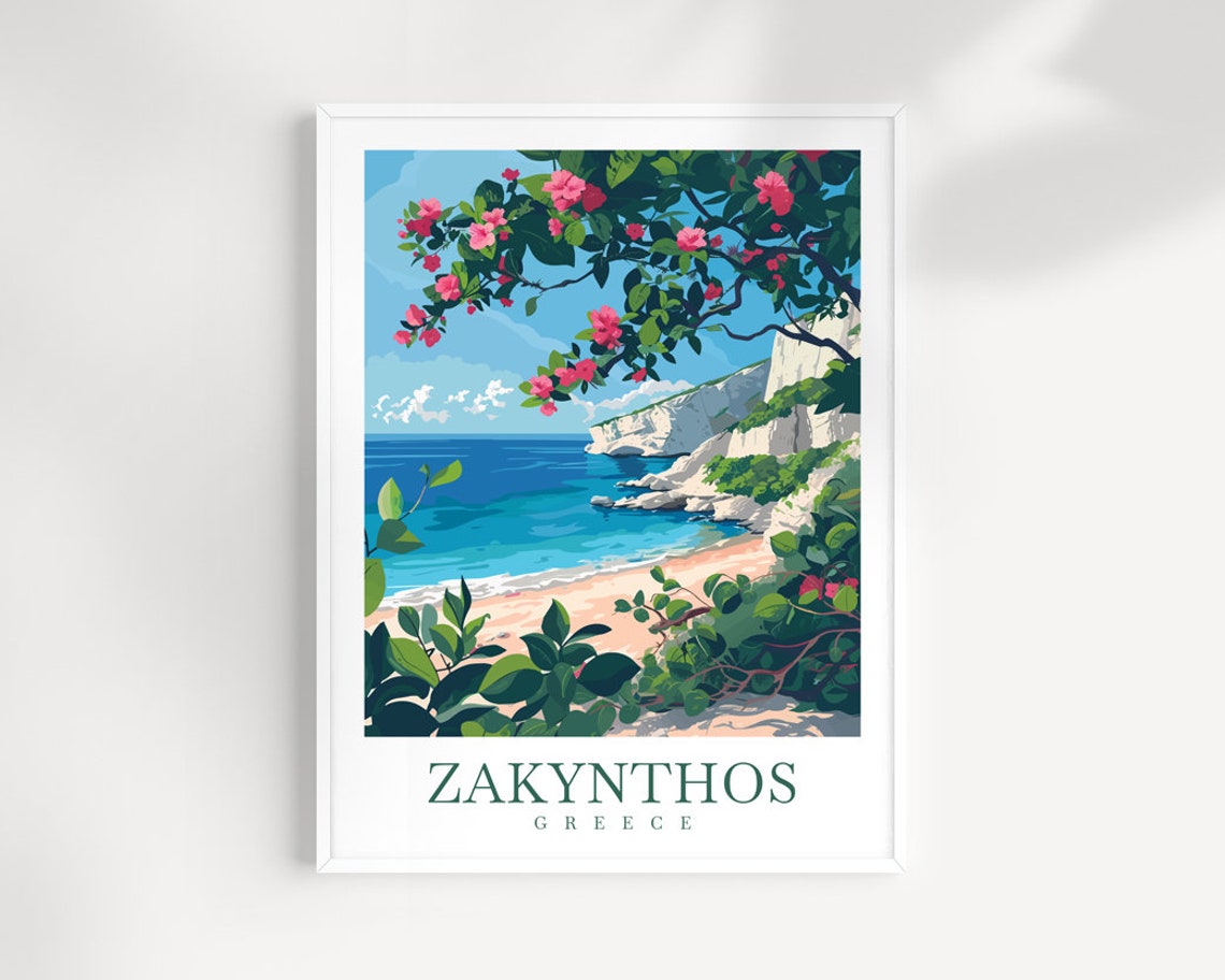 Zakynthos Greece Travel Poster - Flower-Framed Beach Cove with Cliffs