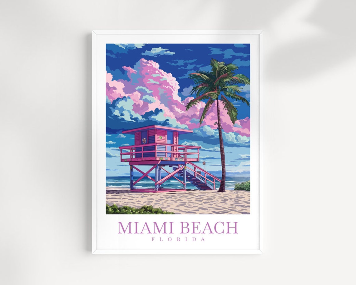 Miami Beach Florida Pink Lifeguard Tower Sunset Beach Poster