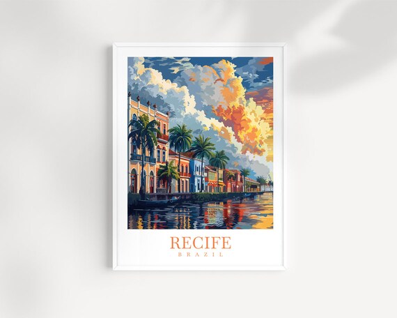 Recife Brazil Old Town Canal Sunset Colonial Street Scene Poster