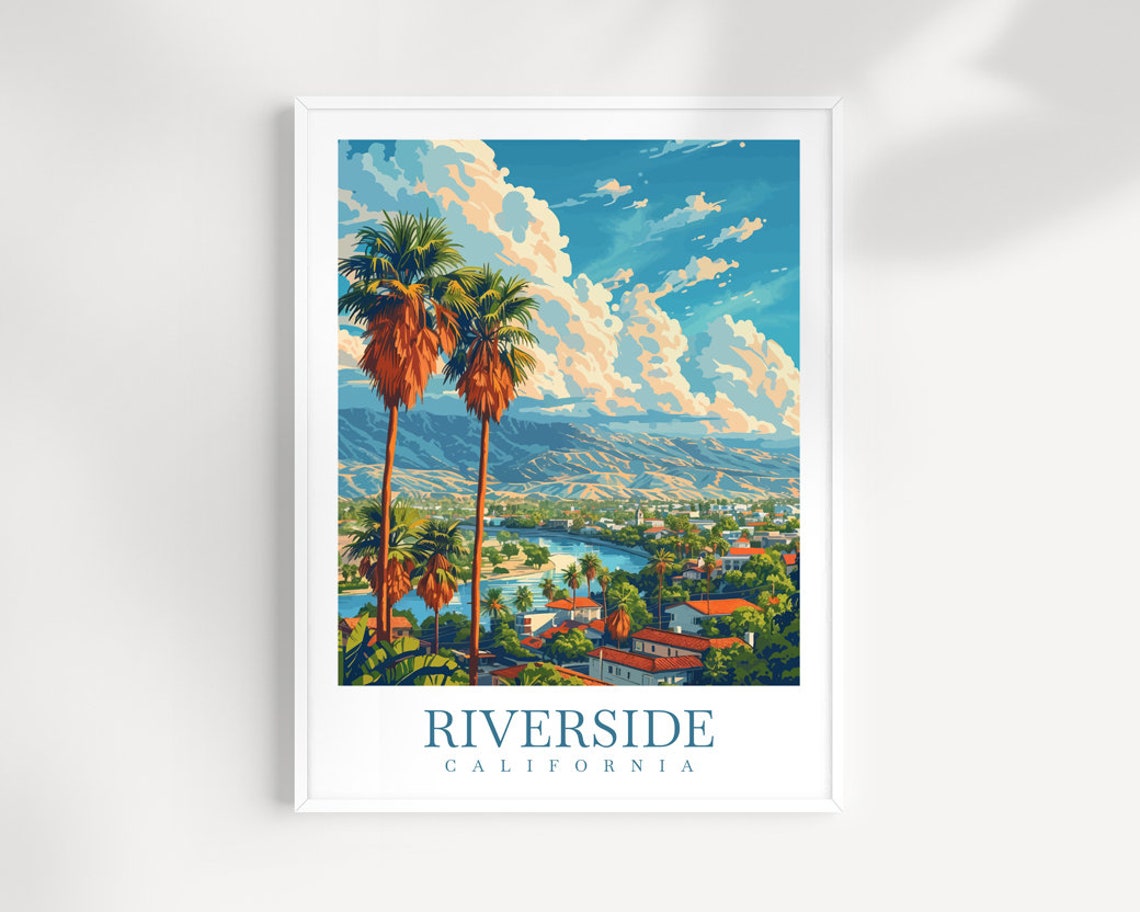Riverside California Palm Trees Lakeside Town Mountains Poster