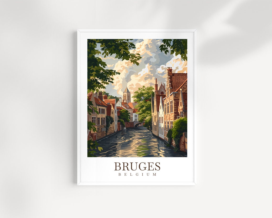 Bruges Belgium Historic Canal Streets Vintage Scenic Travel Poster