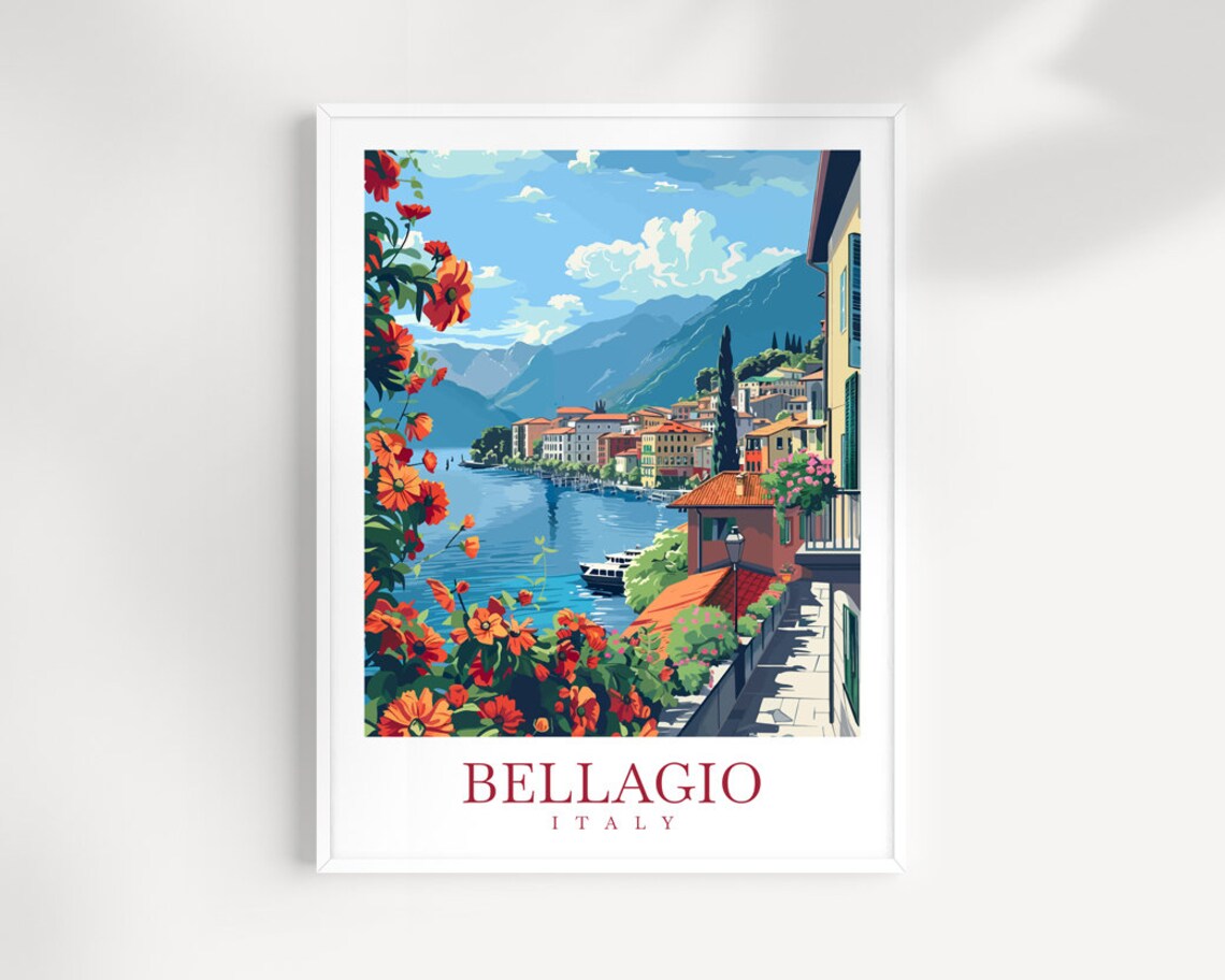 Bellagio Italy Lake Como Mountainside Town Flowers Travel Poster