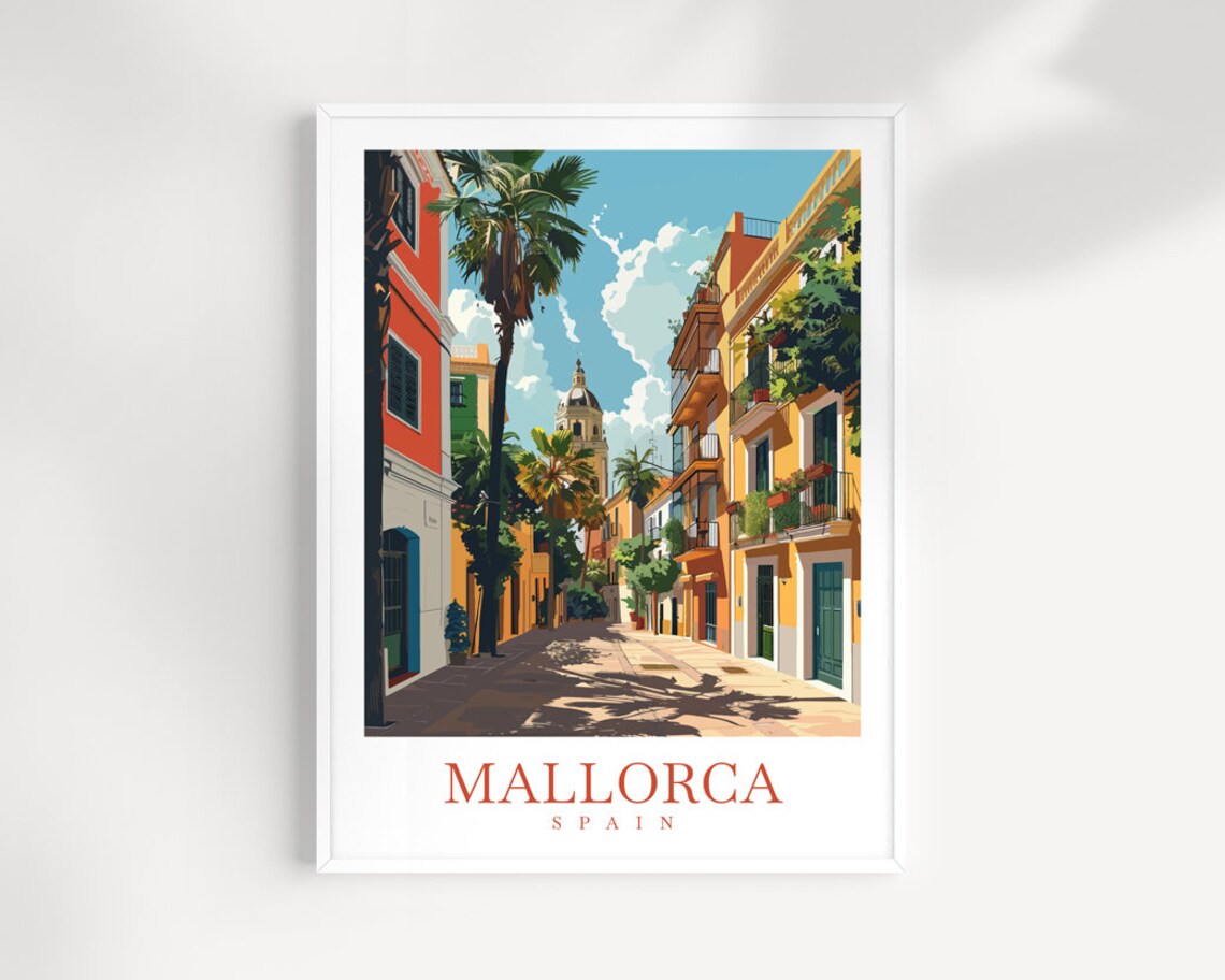 Mallorca Spain Sunny Old Town Street Poster With Palms And Domes