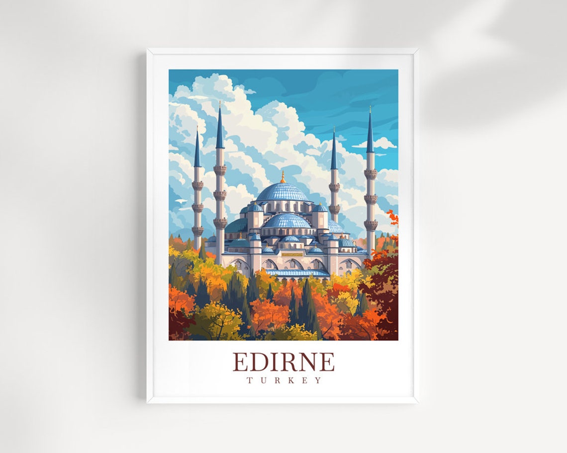 Edirne Turkey Mosque Autumn Foliage Blue Dome Travel Wall Art