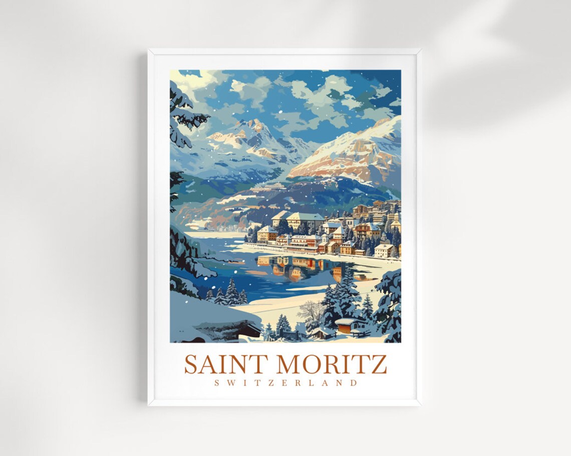 Saint Moritz Switzerland Alpine Lake Town Poster In Bright Winter