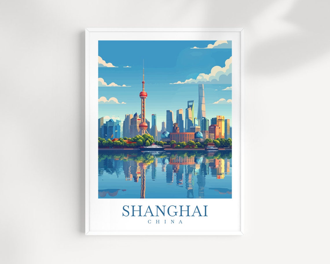 Shanghai China Skyline River Reflection Daytime Travel Poster