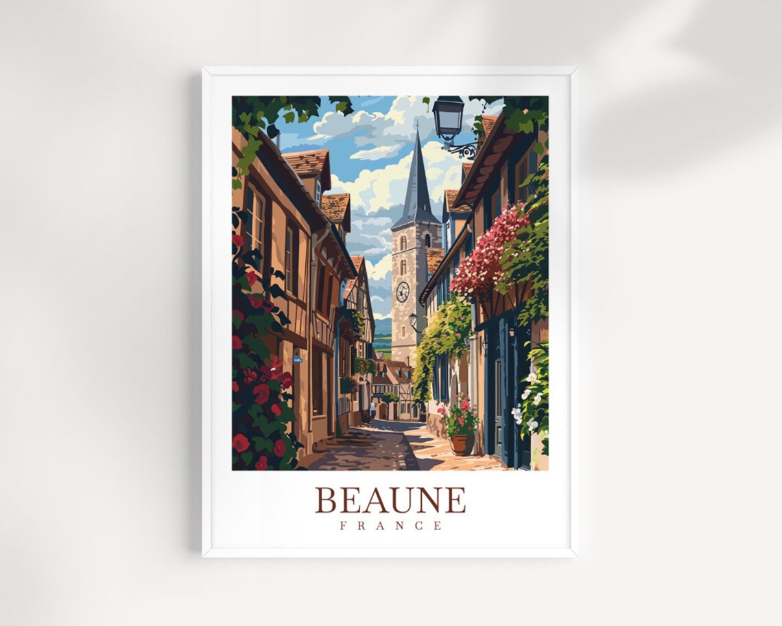Beaune France Old Town Street Clock Tower Vintage Travel Poster
