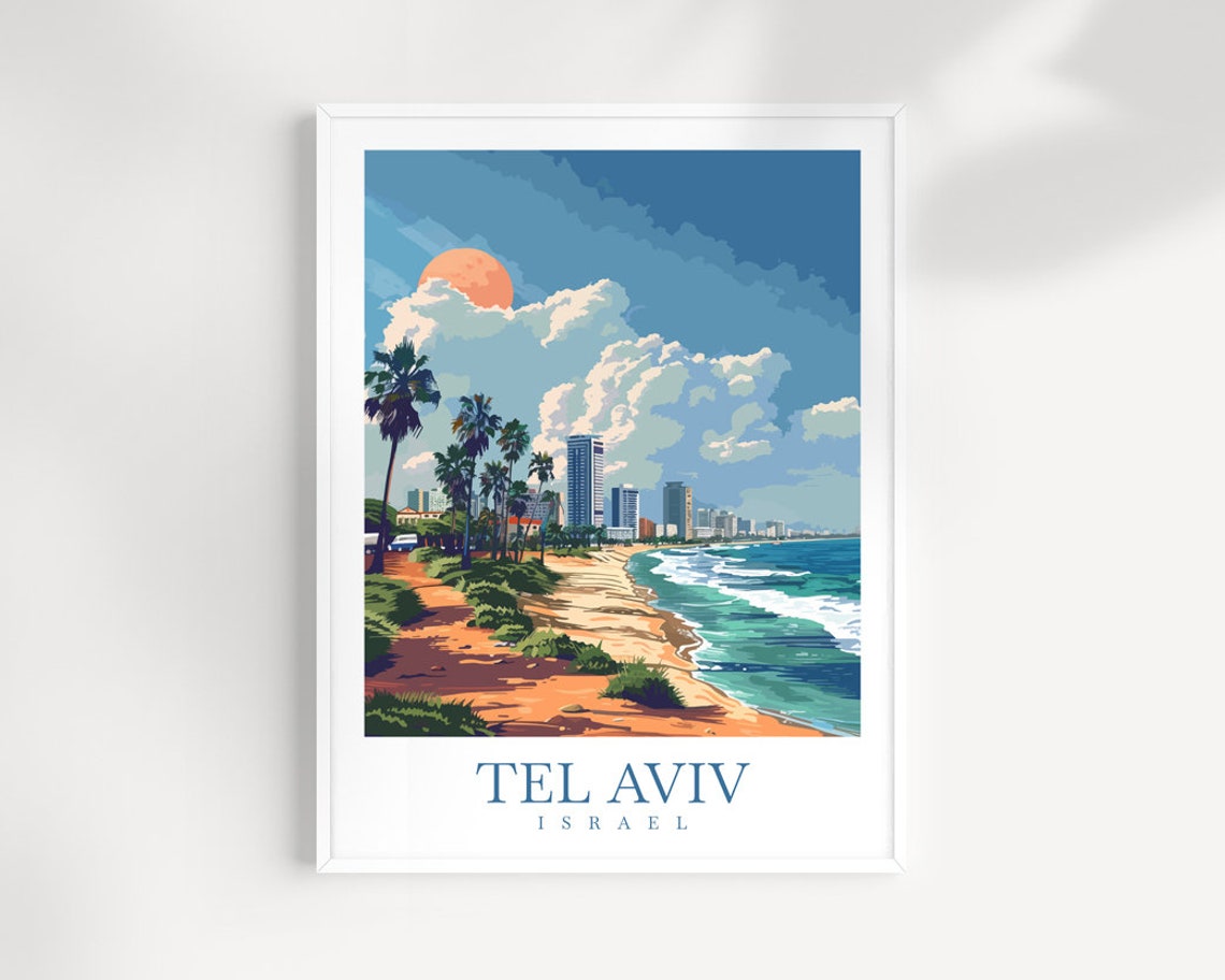 Tel Aviv Israel Beach Sunset Palm Promenade Skyline Travel Poster