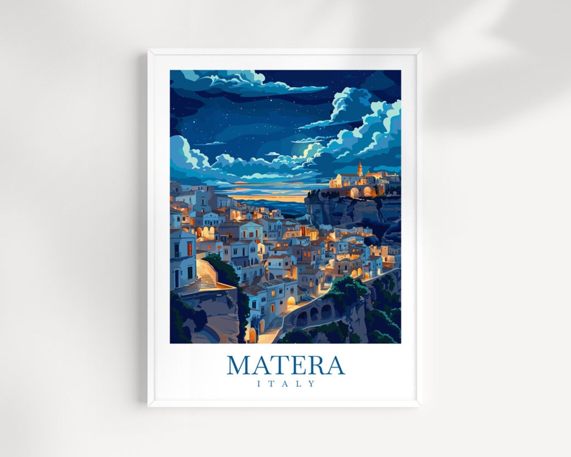 Matera Italy Night Lights Ancient Cliffside City View Travel Poster