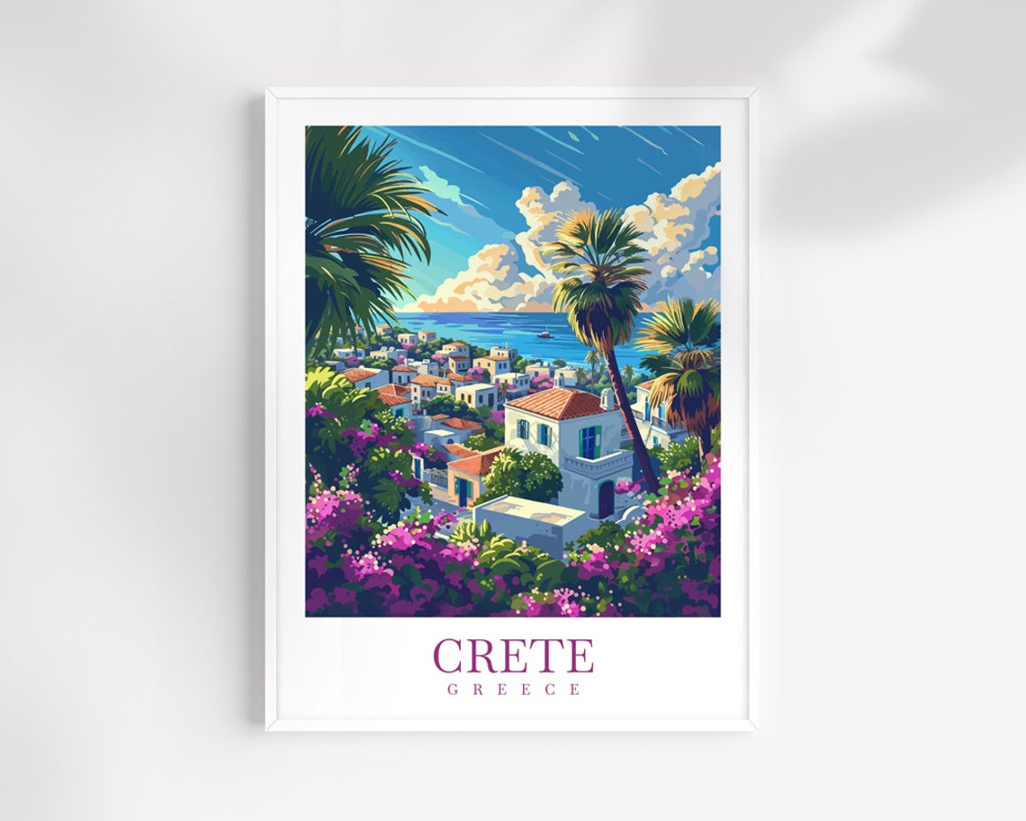 Crete Greece Hillside Village Palms Overlooking Sea Travel Poster