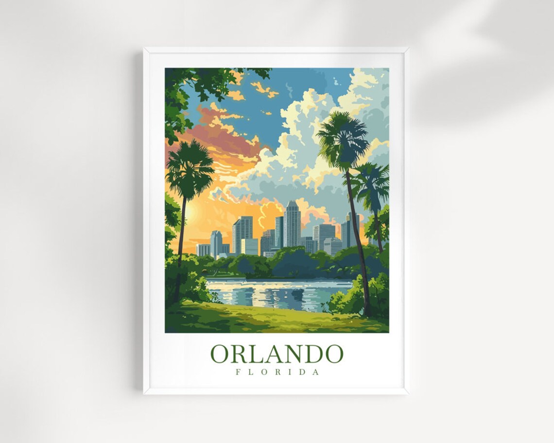 Orlando Florida Sunset Skyline Golden Hour Palm Lake Travel Poster