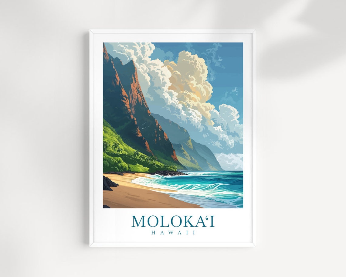Molokai Hawaii Dramatic Sea Cliffs Beach Scenic Travel Poster