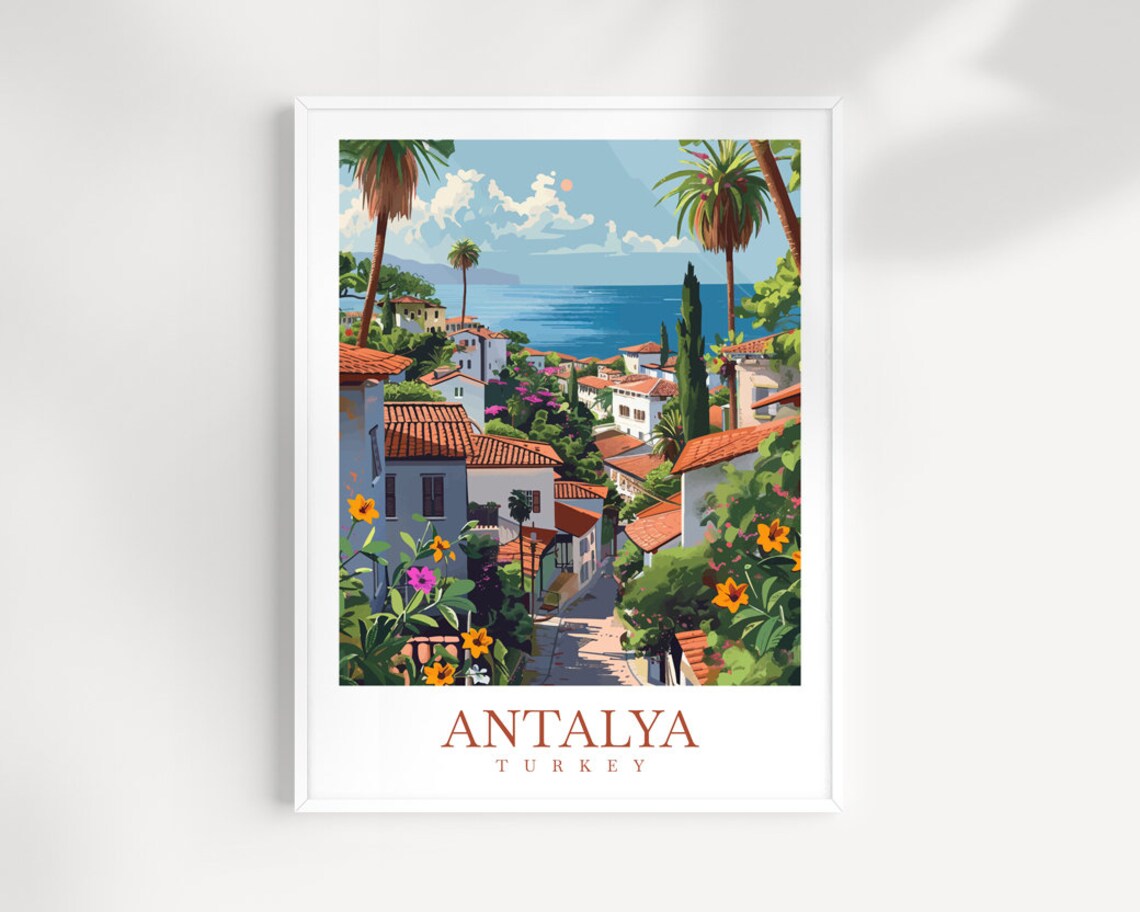 Antalya Turkey Hillside Old Town Sea View Flowered Travel Poster