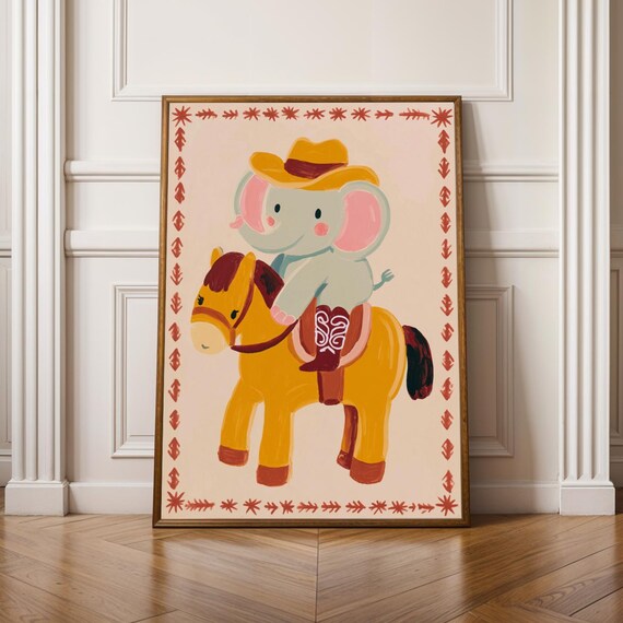 Sweet Cowboy Elephant In Red Boots Riding Horse Nursery Poster