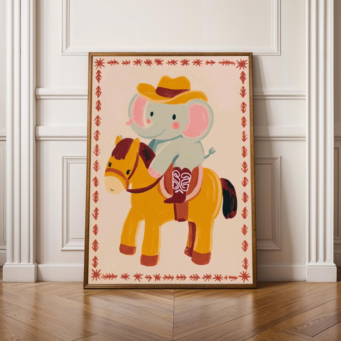 Sweet Cowboy Elephant In Red Boots Riding Horse Nursery Poster