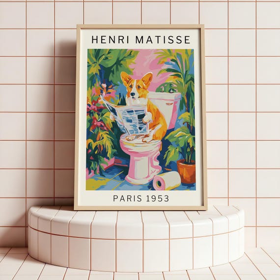 Corgi Bathroom Art Print Funny Dog On Toilet Poster Matisse Inspired Wall Decor Gift For Lovers Powder Room Illustration