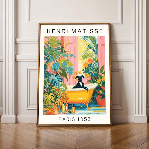 Matisse Style Black Whippet Lounging in a Yellow Bathtub Poster