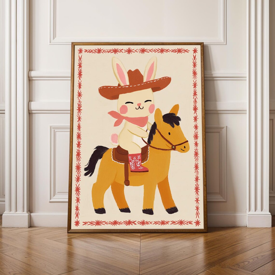 Cheerful Cowboy Bunny In Pink Boots Riding Horse Nursery Poster