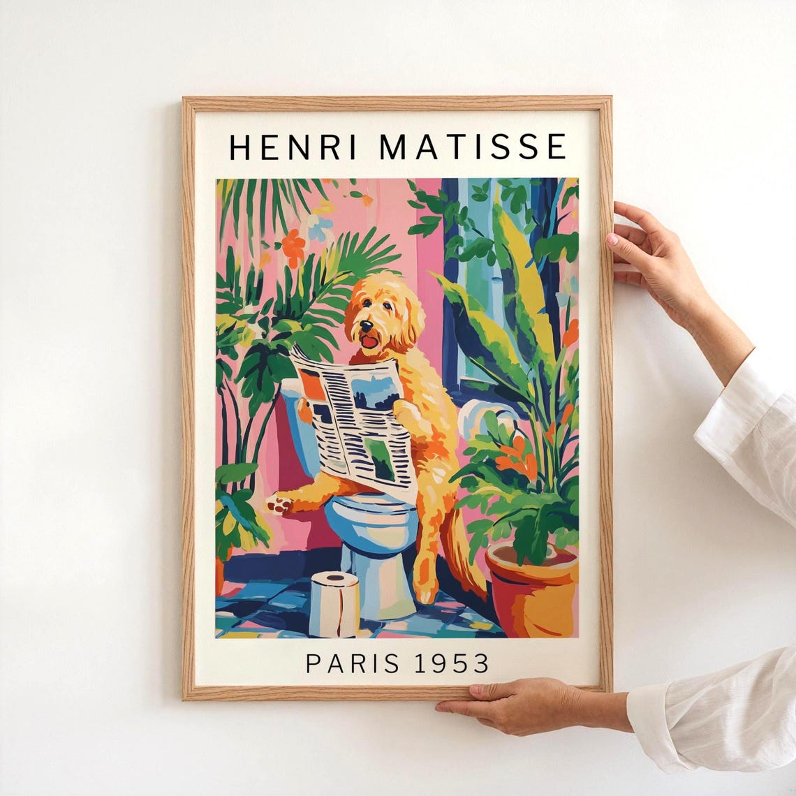 Golden Doodle on Toilet Matisse Style Funny Bathroom Art Poster