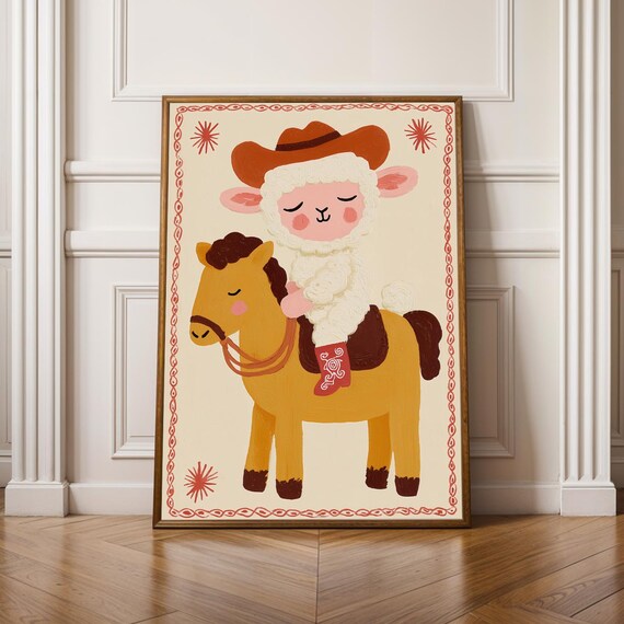 Sleepy Cowboy Lamb In Hat Riding Golden Horse Nursery Poster