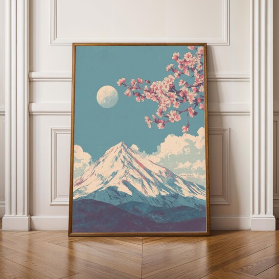 Mount Fuji Cherry Blossoms Moon Retro Japanese Spring Art Poster