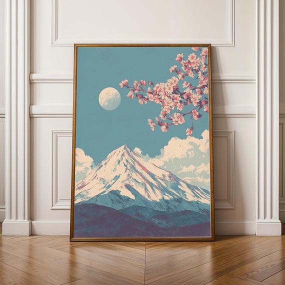 Mount Fuji Print Snowcapped Mountain Cherry Blossom Art Teal Pink White Decor Living Room Wall Gift For Coworker
