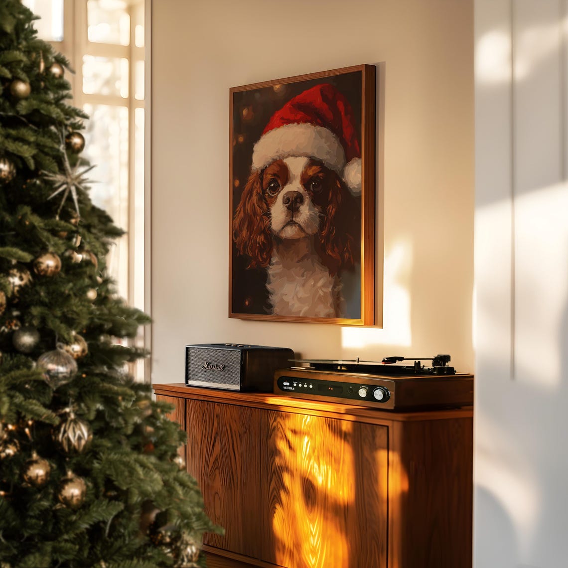Christmas Cavalier King Charles Painting Dog Vintage Print Dog Wall Decor Antique Vintage Painting Dog Retro Drawing Farmhouse Print - Image 3